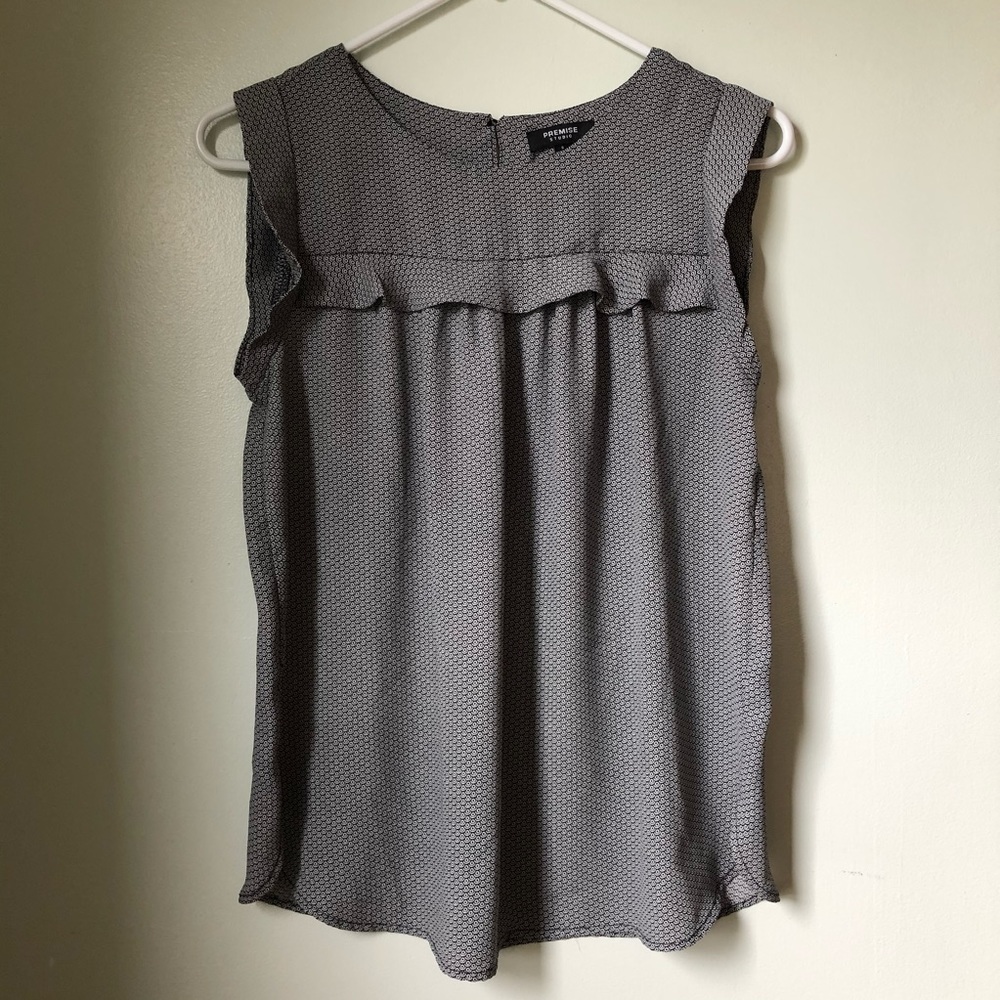 Premise Ruffle Front Print Sleeveless Blouse